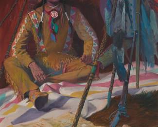 298
Donald "Putt" Putman
1926-2007
"Chief Joseph of the Nez Perces"
Acrylic on artist's board
Signed lower right: Putt; titled on the frame plaque; titled again on a label affixed to the frame's verso
40" H x 30" W
Estimate: $1,000 - $1,500