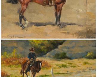 97
Ada Rigden (1886-1962)
Two works:
Horse
Oil on board
With the incised signature lower left: Rigden
8" H x 10" W
Cowboy along a stream with cattle
Oil on board
With the incised signature lower right: Rigden
8" H x 10" W
Estimate: $400 - $600