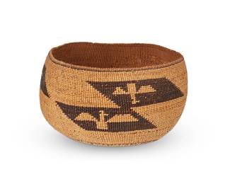 31
A polychrome Hupa/Yurok/Karuk basketry bowl
Early/mid-20th century; Northern California
A twined globular bowl with floating stacked rectangular bird motifs in brown and yellow imbricated stitches
3.625" H x 6.5" Dia. approximately
Estimate: $300 - $500