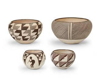 250
A group of Acoma Pueblo pottery bowls
Mid/late 20th century
Four works:
Lucy Martin Lewis (c. 1890-1992)
Two Mimbres-style pottery bowls
Each signed to underside: Lucy M. Lewis; further variously marked: Acoma / NM / A / 1962
Each globular bowl with fine-line black-on-white geometric and banded motifs
2 pieces
Larger: 4.125" H x 7.25" Dia.; Smaller: 2.875" H x 4" Dia.
Dolores Lewis (b. 1938)
A small pottery bowl
Signed and dated to underside: Dolores Lewis / Acoma, N.M. / 9-71
The small globular pot with black-on-white figures and stepped motifs to rim
2.75" H x 3.5" Dia.
Sarah Garcia (1928-2015, Laguna/Acoma Pueblo)
An Anasazi Revival pottery bowl
Signed to underside: Sarah Garcia / Acoma N.M.
The tapered bowl with black-on-white bands/columns of alternating line and solid zigzag motifs
4" H x 6" Dia.
4 pieces total
Estimate: $700 - $900