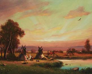 47
Heinie Hartwig
b. 1937
"Kiowa Sundown"
Oil on Masonite
With the incised signature lower right: Heinie Hartwig; titled verso
12.25" H x 25.25" W
Estimate: $1,000 - $1,500