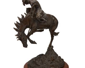 86
Bob Scriver
1914-1999
"To Ride a Bronc," 1984
Patinated bronze on wood plinth
Edition: 36/100
Signed, dated, titled, and numbered in the casting: © Bob Scriver; further stamped: Bronze [in a cartouche]
Bronze: 19.875" H x 14" W x 9.875" D; Overall: 21.5" H x 15.25" W x 12.125" D
Estimate: $2,000 - $3,000