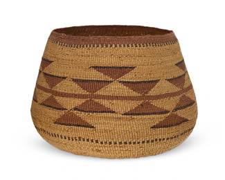 39
A large polychrome Hupa/Yurok/Karuk basket
Early 20th century; Northern California
A tall twined tapered globular bowl with a geometric band of stacked triangles and ticking bands to top and base
9.25" H x 13" Dia. approximately
Estimate: $500 - $700