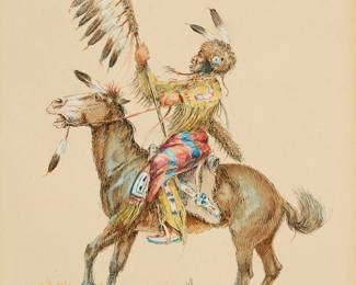 90
Olaf Wieghorst
1899-1988
"Plains Warrior on horseback with feathered lance"
Watercolor, ink, and gouache on board
Signed and with the artist's 2C device at lower left: O - Weighorst; titled by repute
Board: 13.5" H x 11.875" W
Estimate: $1,000 - $1,500