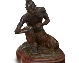 175
Bill Nebeker
b. 1942
"Pawnee Bow Maker," 1991
Patinated bronze on wood plinth
Edition: 9/30
Signed, dated, and numbered in the casting: © Bill Nebeker / CA; further attributed and titled to metal plaque applied to plinth
Bronze: 9.75" H x 8.25" W x 7.25" D; Overall: 11.75" H x 9.75" W x 7.75" D
Estimate: $800 - $1,200