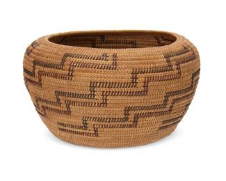 194
A polychrome Mono/Paiute basket
Early 20th century; Central California
A coiled globular bowl with multiple stepped diagonal motifs
3.5" H x 6" Dia.
Estimate: $300 - $500