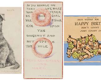 181
Elbridge Ayer (E.A.) Burbank (1858-1949)
Three works:
"Rags"
Graphite on paper
Signed in pencil lower right: E.A. Burbank; titled in pencil upper right
Sheet: 6.375" H x 4.375" W
"Read, Remember, and Obey"
Ink and colored pencil on paper
Signed in blue pencil lower right: E.A. Burbank; titled in red pencil lower center
Sheet: 7.375" H x 3.875" W
Birthday card
Ink, gouache, and watercolor on paper
Initialed in pencil in the lower edge, right of center: E.A.B
Sheet: 4.375" H x 5.25" W
Estimate: $500 - $700