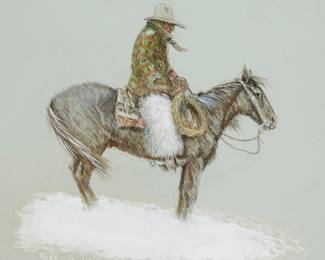 88
Olaf Wieghorst
1899-1988
Rider and horse in a snowstorm, 1985
Watercolor, gouache, and ink on grayish-green paper mounted to paperboard
Signed and with the artist's 2C device, and dated at lower left: O-Wieghorst / © 85
Sheet: 14" H x 11.125" W
Estimate: $3,000 - $5,000