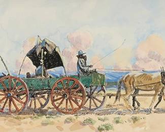 300
Buckeye Blake
b. 1946
"Navajo Family," 1987
Pen, ink, and watercolor on board
Signed and dated lower right: © Buckeye Blake 87; titled on a certificate of authenticity affixed to the frame's backing paper
Sight: 5.5" H x 11.5" W
Estimate: $400 - $600