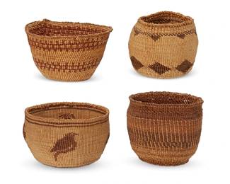 167
A group of polychrome Klamath/Pit River baskets
Early 20th century; Northern California/Oregon
Four small twined basketry bowls in various designs and shapes including a pictorial basket with bird motifs, a small basket with geometric banding, and two baskets with variegated ticking bands
4 pieces
Largest: 3.25" H x 5" Dia.; Smallest: 3.125" H x 4" Dia. approximately
Estimate: $300 - $500