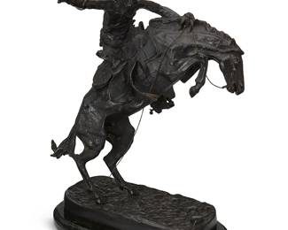 351
After Frederic Remington
1861-1909
"The Broncho Buster," modeled 1895
Patinated bronze on marble plinth
Signed in the casting: Copyright by Frederic Remington; foundry mark: Roman Bronze Works NY
22" H x 16.75" W x 11.25" D; Overall: 23.5" H
Estimate: $600 - $800