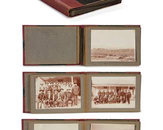 69
A photographic album of The San Carlos Apache Indian Reservation with photographs by John Edward Jones, 1910
A photographic album belonging to and signed by Clara A. Nash from Thatcher, Arizona, dated Sun. January 23rd, 1910, all written in ink. The album includes 45 photographs by John Edward Jones (1863-1922), each photograph is tipped to a grey support sheet from the verso of each sheet corner of the photograph, all comprised in an oblong octavo album
Album: 6.25" H x 9" W x 1.125" D
Estimate: $4,000 - $6,000