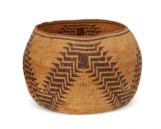 155
A polychrome Pit River basketry bowl
Early 20th century; Northeastern California
A tall twined bowl with zigzag stepped banding overlay
6.5" H x 9.75" Dia.
Estimate: $500 - $700