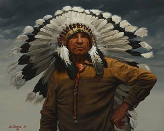 238
20th Century Western School
Indigenous man with a headdress, 1975
Oil on Masonite
Signed and dated lower left: Eastman 75 ©
22" H x 28" W
Estimate: $400 - $600