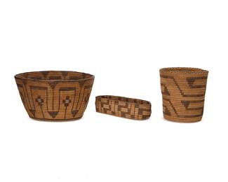 339
A group of Pima baskets
Early 20th century, Akimel O'odham; Southwest United States
Three coiled baskets comprising a tall pictorial bowl with alternating floral motifs (4.25" H x 7.75" Dia.), a tall cylinder with two bands of meandering stepped motifs (4.75" H x 4.75" Dia.), and a small oval tray with geometric motifs (1.75" H x 6.25" W x 2.25" D)
3 pieces
Estimate: $300 - $500