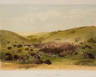 179
After George Catlin
1796-1872
"Buffalo Hunt, Surround," No. 9 from "Catlin's N. A. Indian Collection," 1875-78
Lithograph with hand-coloring on paper
With the artists' names, title, publisher information, and other text all printed in the stone below the image: "Catlin del. _ on Stone by McGahey / No. 9 / Buffalo Hunt, Surround. / (from Catlin's N. A. Indian Collection.) / Day & Haghe lith.rs to the Queen"
Image: 12.125" H x 17.875" W; Sight: 14.25" H x 19.5" W
Estimate: $500 - $700