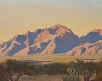 67
Maynard Dixon
1875-1946
"Catalinas at Sundown" (Arizona), 1943
Oil on canvas laid to artist's board
Signed, dated, and inscribed along the lower edge, at left: Maynard Dixon / Ariz Dec 1943; titled and inscribed with the artist's Tuscon, AZ address and artist number "674" in a circle, all in pencil on the verso, and again on the verso of the frame's backing board
12" H x 16" W
Estimate: $25,000 - $35,000