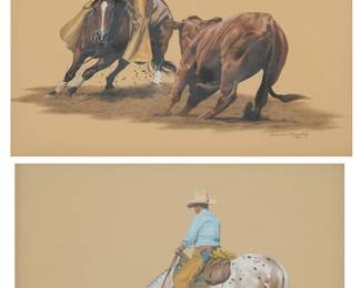 96
Suanne Wamsley (20th century)
Two works:
Roper and calf, 1983
Pastel and traces of graphite on beige paper
Signed and dated in ink lower right: Suanne Wamsley / 1983
Sight: 15.5" H x 19.5" W
Cowboy and his horse at a stream, 1982
Pastel and traces of graphite on beige paper
Signed and dated in pencil lower right: Suanne Wamsley / © 1982
Sight: 17" H x 23" W
Estimate: $200 - $400