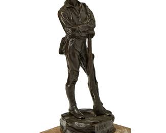 84
Carl Kauba
1865-1922
"True Blue," 1915
Patinated bronze on marble plinth
Signed, dated, titled, and inscribed in the casting: C Kauba / © National Security League New York
Bronze: 12.125" H x 4.375" W x 4.125" D; Overall: 13" H x 5.75" W x 4.625" D
Estimate: $800 - $1,200