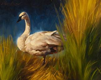 134
Dustin Van Wechel
b.1974
Goose in a stream
Oil on canvas panel
Signed upper left: D. Van Wechel
11" H x 14" W
Estimate: $800 - $1,200