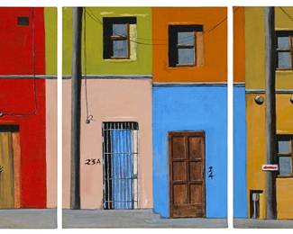293
Mary E. Wyant
b. 1939
Building facades (triptych)
Acrylic on canvas
Signed in the lower left corner of the left-most section: Wyant; each section signed with initials on the upper stretcher bar, verso: MEW as well as numbered "1," "2," or "3" for display purposes
Each: 12" H x 9" W
Estimate: $500 - $700