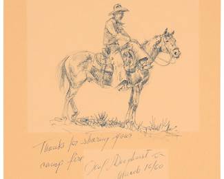 92
Olaf Wieghorst
1899-1988
"Thank You Note (Cowboy on horse)," 1960
Pen and ink on beige laid paper
Signed, dated, and inscribed in pen and ink in the lower margin: "Thanks for sharing your / camp fire" / Olaf Wieghorst / March 16/60;" titled from a label affixed to the frame's backing paper
Image: 5.5" H x 5.25" W; Sheet: 12" H x 7.875" W
Estimate: $600 - $900