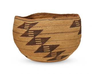 158
A polychrome Pit River basketry bowl
Early/mid-20th century; Northeast California
A tall twined bowl with four diagonally stacked columns of "deer rib" and arrow point geometric overlay motifs and ticked stripes
6.5" H x 9.5" Dia. approximately
Estimate: $400 - $600