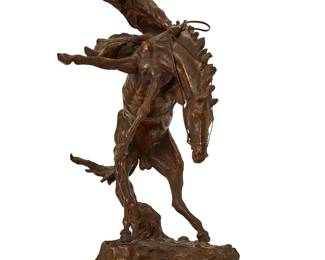 85
Carl Kauba
1865-1922
Bronco Rider
Patinated bronze on stone plinth
Signed and inscribed illegibly in the casting: Kauba
Bronze: 11.5" H x 8" W x 8.25" D; Overall: 12.75" H
Estimate: $1,000 - $1,500