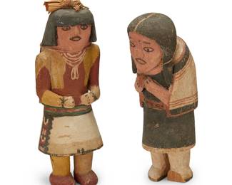 112
Two Hopi polychrome carved wood katsina figures
1930-1940
The painted carved cottonwood figures, one depicting a woman dressed in a manta and another depicting a male figure adorned with necklaces and a cellulosic headpiece
2 pieces
Woman: 8.125" H x 2.5" W x 4" D; Man: 9" H x 3" W x 2.875" D
Estimate: $1,500 - $2,000