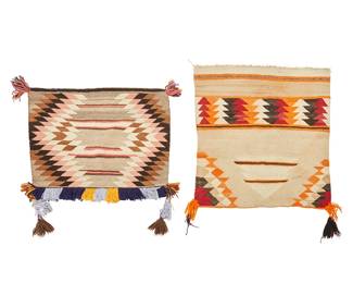 209
Two Navajo Sunday saddle blankets
Early/mid-20th century, Diné
Comprising a large square blanket woven in tan, orange, red, brown, and cream wool with serrated banding and corners, and orange and brown tassels, and a smaller blanket woven in grey, brown, pink, cream, and grey wool with central banding and a serrated sunburst diamond motif and with multicolored looped fringing and two double tassels,
2 pieces
Larger: 32" H x 33" W; Smaller: 23.5: H x 31" W including fringe
Estimate: $600 - $900