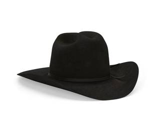 83
A Stetson Western cowboy hat
Late 20th/21st century
Band stamped: John B. Stetson Co. / 4X Beaver / XXXX / Made in USA
The black fur felt "Rancher" hat with four-inch shaped brim and grosgrain ribbon band, Size 7 5/8, with original box
6" H x 15" W x 16.25" D; inner band: 23" C
Estimate: $100 - $200