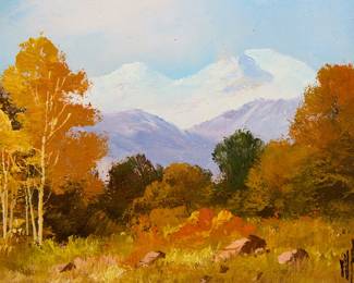 173
Willard Page
1885-1958
"Mount Longs Peak"
Oil on paperboard
Signed with initials lower right: WP; titled in ink by the artist's wife on the frame's backing paper
4" H x 5" W
Estimate: $300 - $500