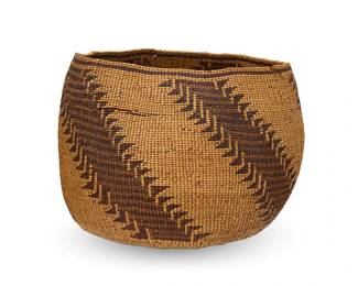 160
An extra-large polychrome Pit River basket
Early 20th century; Northeast California
A tall globular bowl with five diagonal stepped hooked columns radiating from the base and with serrated star motif to base
9" H x 12" Dia. approximately
Estimate: $200 - $400