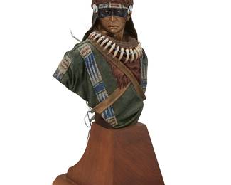 183
Dave McGary
1958-2013
"Iron That Walks," 1991
Cold-painted bronze on rotating wood plinth
Edition: 9/75
Signed, dated, and numbered in the casting: Dave McGary / [cipher]
Bronze: 20" H x 9.75" W x 10.25" D; Overall: 21.5" H x 9.75" W x 12.75" D
Estimate: $2,000 - $3,000