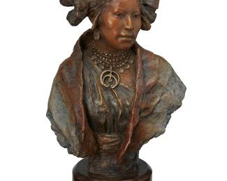 19
John Coleman
b. 1949
"Maiden from Second Mesa," 2020
Patinated and cold-painted bronze on wood plinth
Edition: 3/35
Signed, dated, titled, and numbered in the casting verso: John Coleman / CA
Bronze: 9" H x 6.5" W x 4.25" D; Overall: 10.375" H
Estimate: $1,000 - $1,500