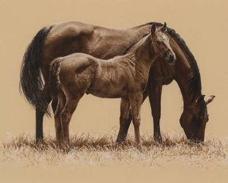 142
Carrie L. Ballantyne
b. 1956
"Cross Bell Baby"
Colored pencil on tan Ersta sanded paper
Signed lower right: CL Ballantyne; signed again, dated "1999," and inscribed "Value Study - Mare & Foal" along the lower edge; titled near the center of the upper edge
Sheet: 15.625" H x 21.75" W
Estimate: $1,000 - $2,000