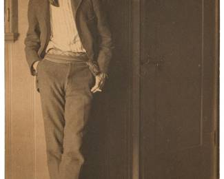 68
William Edward Dassonville
1879-1957
"Maynard Dixon," printed 1901
Warm-toned platinum print on paper tipped to a gray support sheet
Signed in ink lower left: W.E. Dassonville; inscribed in pencil "L.M. Dixon / No. 1" on the verso of the gray support sheet
Image/Sheet: 6.5" H x 4.25" W; Gray support sheet: 6.75" H x 4.5" W
Estimate: $1,500 - $2,500