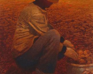 146
Gary Ernest Smith
b. 1942
"Potato Bucket"
Oil on canvas
Signed lower right: Gary E Smith; signed again, titled, and with the artist's copyright statement, all in ballpoint ink on the verso of the stretcher
20" H x 16" W
Estimate: $1,500 - $2,000