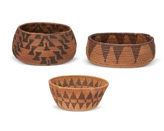 165
A group of Maidu baskets
Early 20th century; Northern California
Three coiled basketry bowls comprising a globular bowl with zigzag floating stepped motifs (4" H x 7.5" Dia. approximately), a shallow tapered bowl with a band of double arrow triangle motifs (2.625" H x 6.25" Dia.), and a small shallow oval boat-shaped bowl with a band of triangular points to the rim and a striped band to the base ( 2.25" H x 6" W x 4.25" D)
3 pieces
Estimate: $300 - $500
