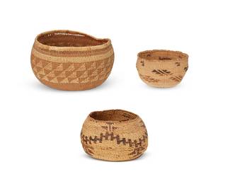 162
Three Pit River baskets
Early/mid-20th century; Northeast California
Comprising three twined bowls including a small polychrome bowl with floating geometric motifs (3" H x 5" Dia. approximately), a small polychrome globular bowl with hatched zigzag banding and floating triangular elements (3.5" H x 5.5" Dia. approximately), and a globular bowl with latticework to rim, and three bands of triangle motifs (3.75" H x 6.25" Dia. approximately)
3 pieces
Estimate: $600 - $800