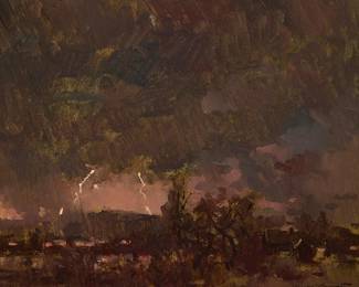 102
Sergei Bongart
1918-1985
Lightning strike
Oil on Masonite
Signed lower right: Sergei Bongart
21.75" H x 25.5" W
Estimate: $1,000 - $2,000