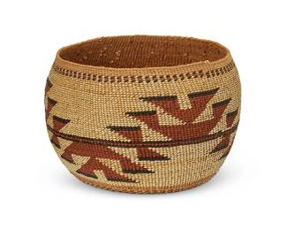 32
A polychrome Hupa/Yurok/Karuk basket
Early/mid-20th century; Northern California
A twined bowl with complex imbricated zigzag banding to body, and ticking bands to top and base
5" H x 7" Dia.
Estimate: $200 - $400