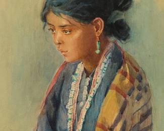 15
Marion Kavanagh Wachtel
1870-1954
Young Native American woman
Watercolor on paper
Signed and with the artist's device in the lower left corner: Marion Kavanagh
Sight: 12.5" H x 8.25" W
Estimate: $700 - $900