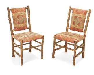 276
A pair of Old Hickory side chairs
Late 20th century
Each with applied metal tag: Old Hickory / Shelbyville IN
The natural wood chairs, each seatback and seat cushion upholstered in cotton fabric depicting Southwest-style geometric motifs
2 pieces
Each: 36.5" H x 19" W x 21.5" D
Estimate: $300 - $500