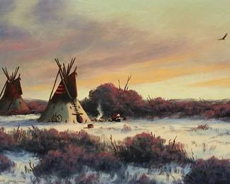 48
Heinie Hartwig
b. 1937
"Winter Sundown"
Oil on Masonite
With the incised signature lower right: Heinie Hartwig; titled verso
12" H x 24" W
Estimate: $1,000 - $1,500