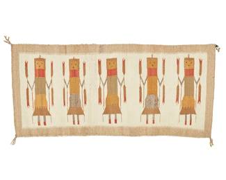 212
A Navajo Yei pictorial textile
Mid-20th century, Diné
Woven in tan, cream, ochre, orange, and grey wool, with five Yei dancers and a fine serrated border
19.75" H x 73" W
Estimate: $300 - $500