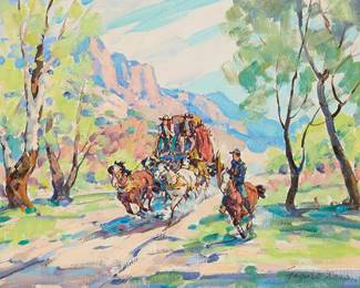 77
Marjorie Reed
1915-1996
"In Apache Territory"
Oil on canvasboard
Signed lower right: Marjorie Reed; signed again and titled in ink on an artist label affixed verso; inscribed in ink, verso: "Huachuca Canyon - Arizona"
12" H x 16" W
Estimate: $1,000 - $1,500