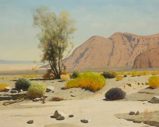 75
James Swinnerton
1875-1974
Smoke tree in a desert landscape
Oil on canvas
Signed lower right: Swinnerton
30" H x 40" W
Estimate: $3,000 - $5,000
