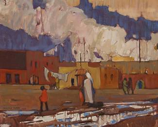 74
Millard Sheets
1907-1989
"Street Scene" (likely Taos), 1926
Oil on canvas
Signed and dated lower left: Millard Sheets 1926; titled and inscribed in another hand, verso
16" H x 19" W
Estimate: $3,000 - $5,000