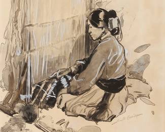 17
Gerald Cassidy
1879-1934
Navajo weaver
Ink, ink wash, and gouache on Strathmore paper laid to Japanese paper
Signed lower right: Gerald Cassidy
Sheet: 14.5" H x 11.5" W
Estimate: $2,000 - $3,000
